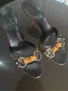 Gucci Black Embroidered Slide Heels with Bamboo Horsebit